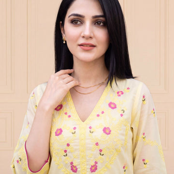 Light Yellow 2 PC Soft Cotton Embroidered Shirt with Trouser | Ready to Wear