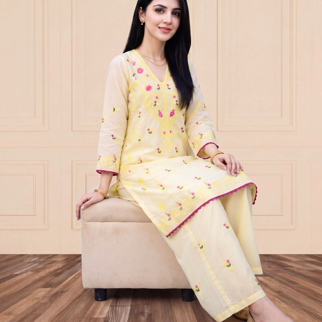 Light Yellow 2 PC Soft Cotton Embroidered Shirt with Trouser | Ready to Wear
