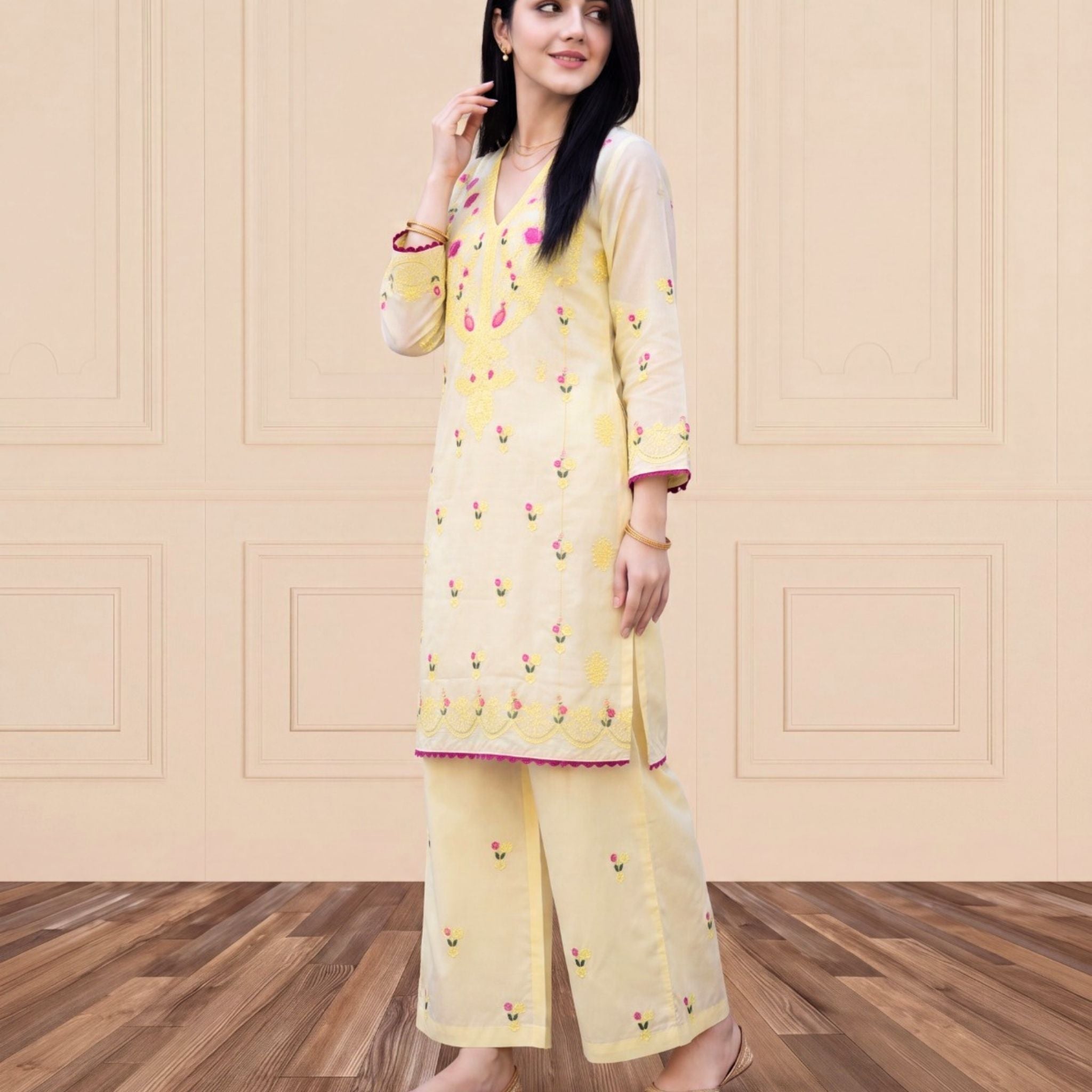 Light Yellow 2 PC Soft Cotton Embroidered Shirt with Trouser | Ready to Wear
