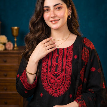 Black 3 PC Soft Cotton Embroidered Suit with Printed Chiffon Dupatta | Ready to Wear