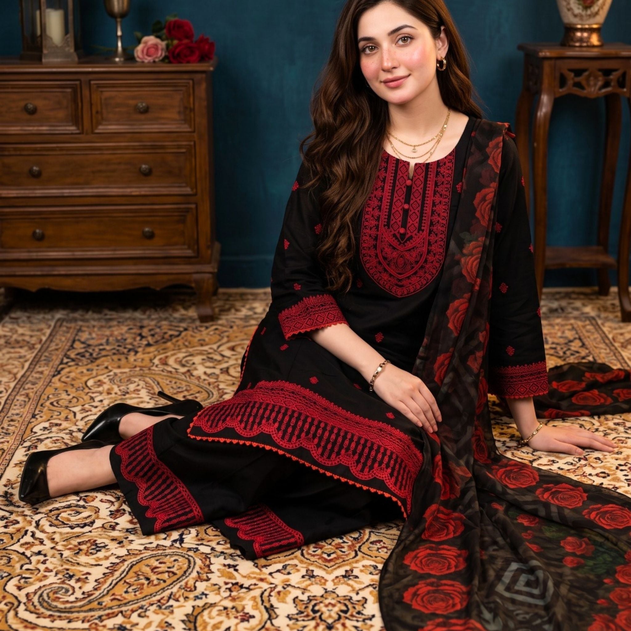 Black 3 PC Soft Cotton Embroidered Suit with Printed Chiffon Dupatta | Ready to Wear