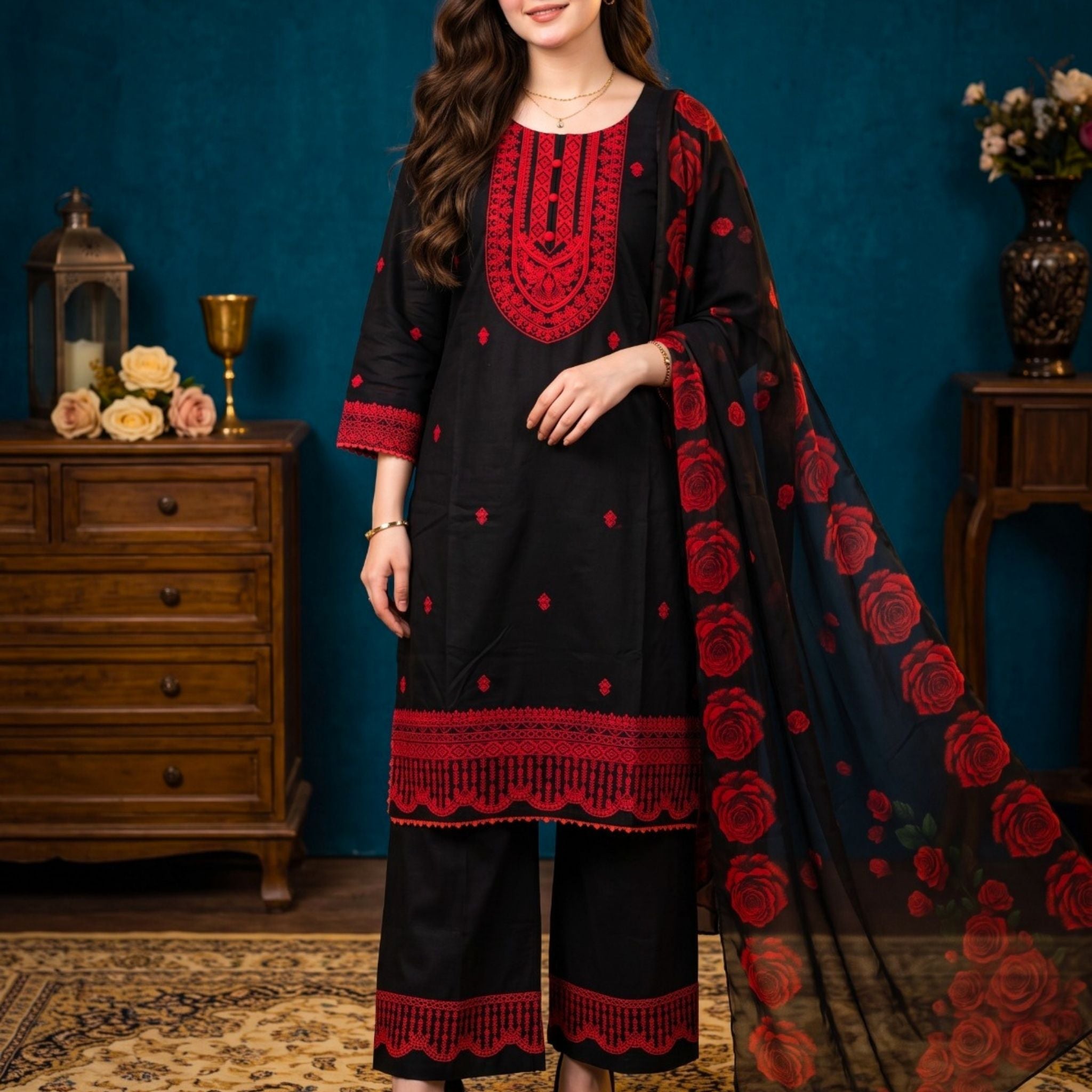 Black 3 PC Soft Cotton Embroidered Suit with Printed Chiffon Dupatta | Ready to Wear