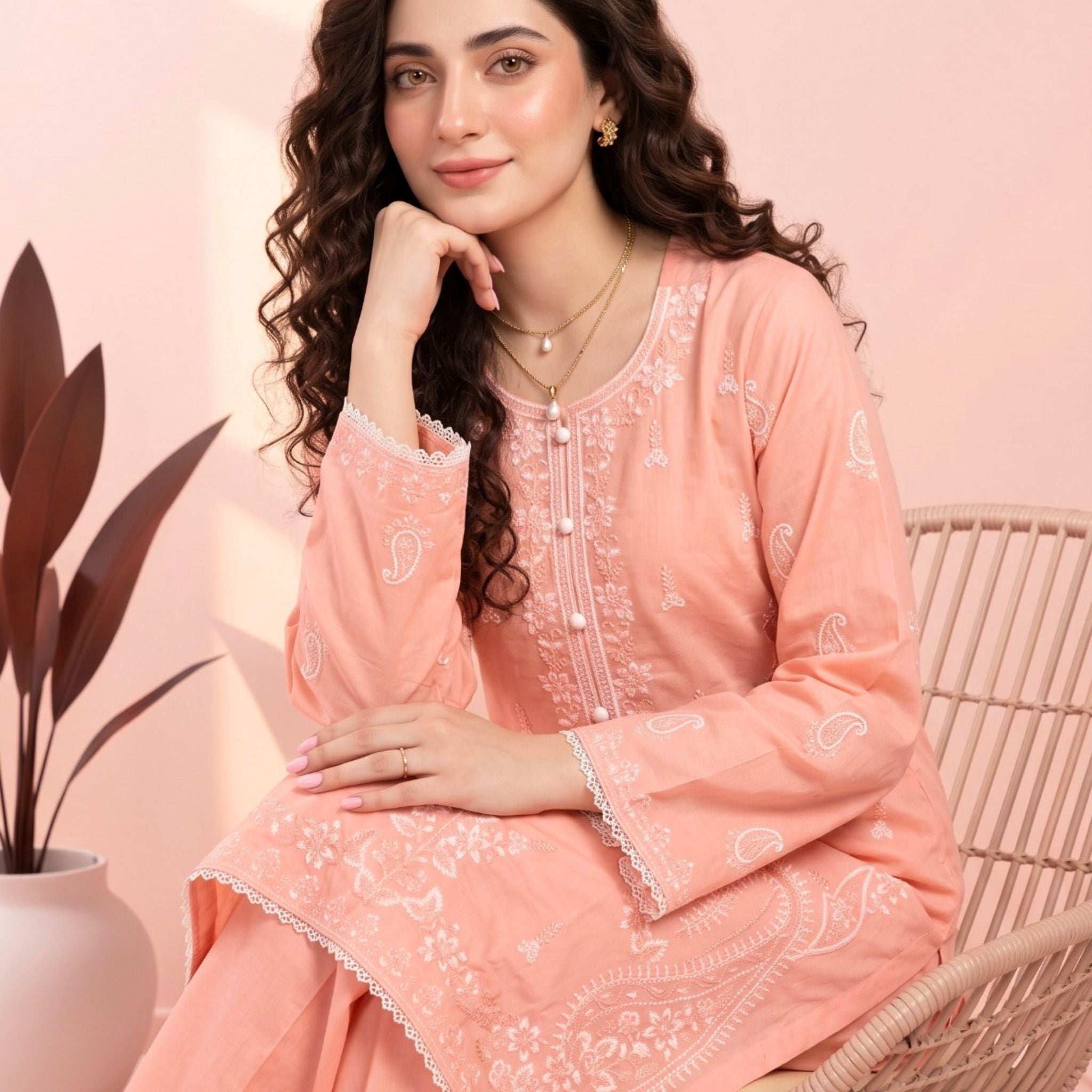 Peach Pink 2 PC Soft Cotton Embroidered Shirt with Trouser | Ready to Wear