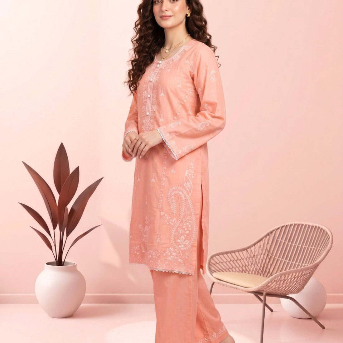 Peach Pink 2 PC Soft Cotton Embroidered Shirt with Trouser | Ready to Wear