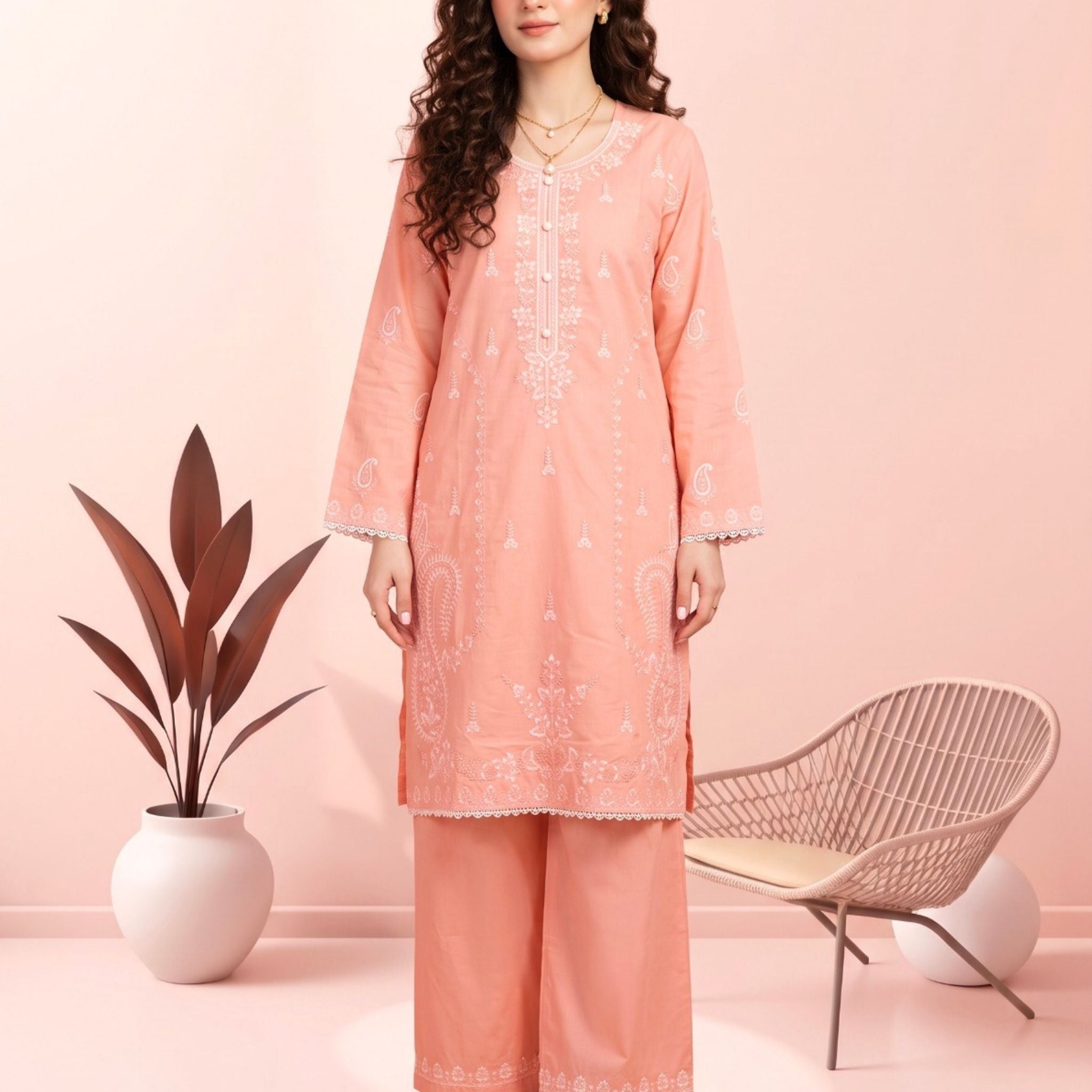 Peach Pink 2 PC Soft Cotton Embroidered Shirt with Trouser | Ready to Wear