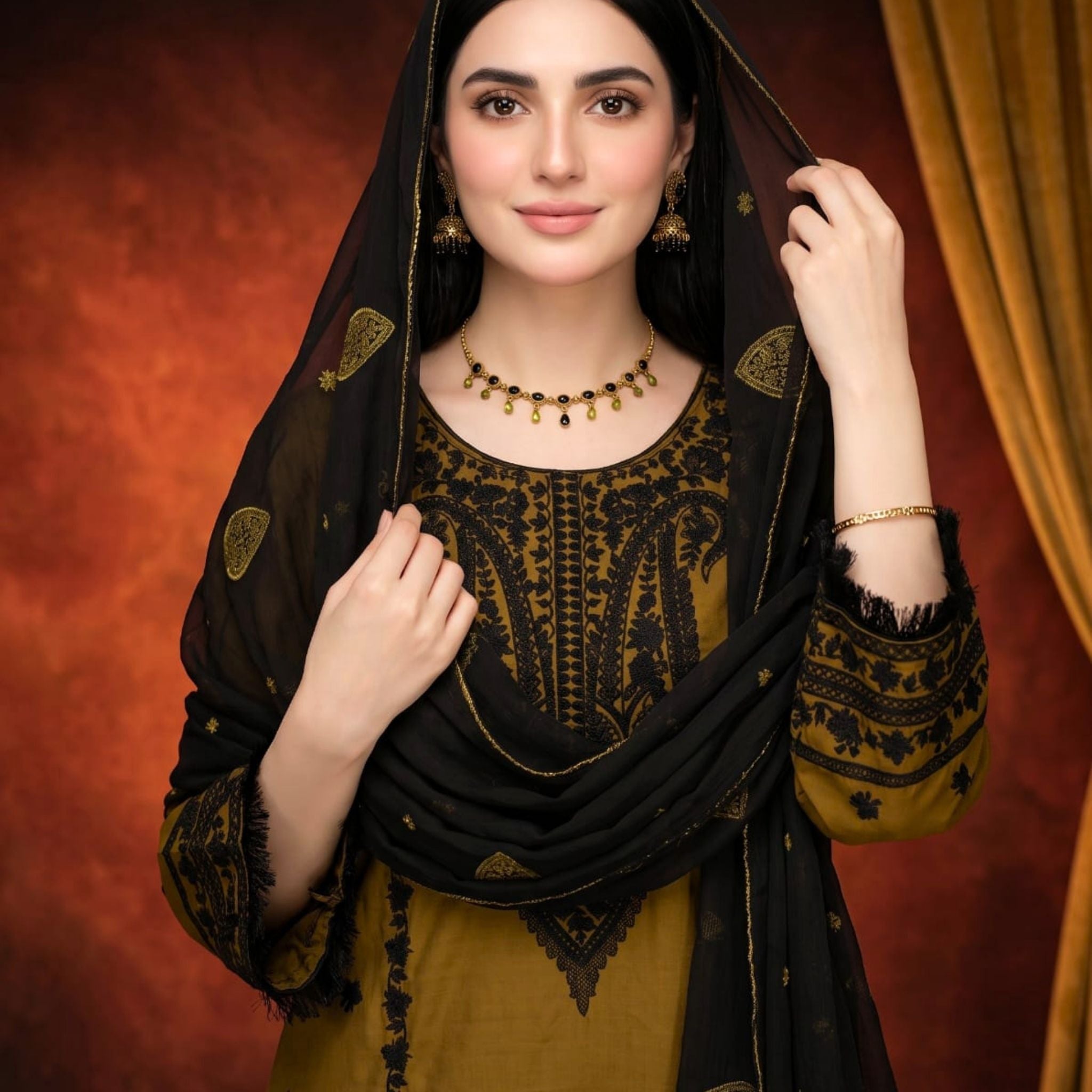 Olive Green 3 PC Soft Cotton Embroidered Suit with Embroidered Chiffon Dupatta | Ready to Wear