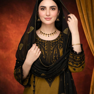 Olive Green 3 PC Soft Cotton Embroidered Suit with Embroidered Chiffon Dupatta | Ready to Wear