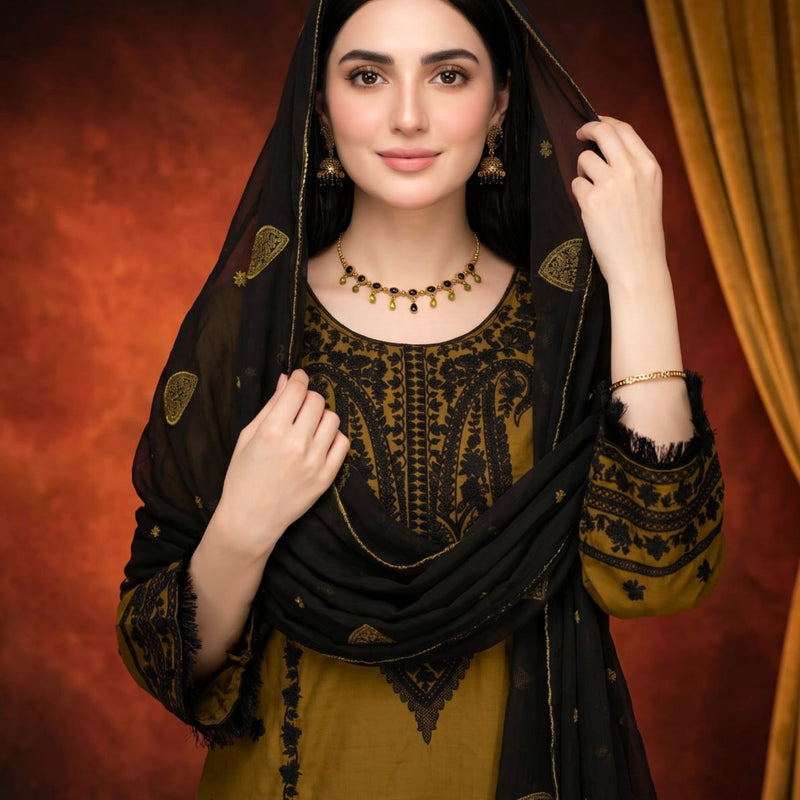 Olive Green 3 PC Soft Cotton Embroidered Suit with Embroidered Chiffon Dupatta | Ready to Wear