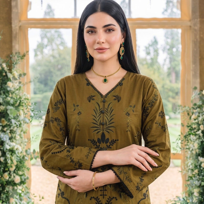 Olive Green 2 PC Soft Cotton Embroidered Shirt with Trouser | Ready to Wear