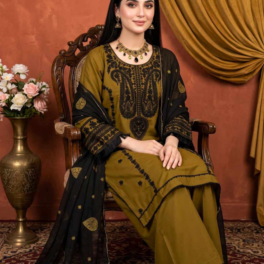 Olive Green 3 PC Soft Cotton Embroidered Suit with Embroidered Chiffon Dupatta | Ready to Wear