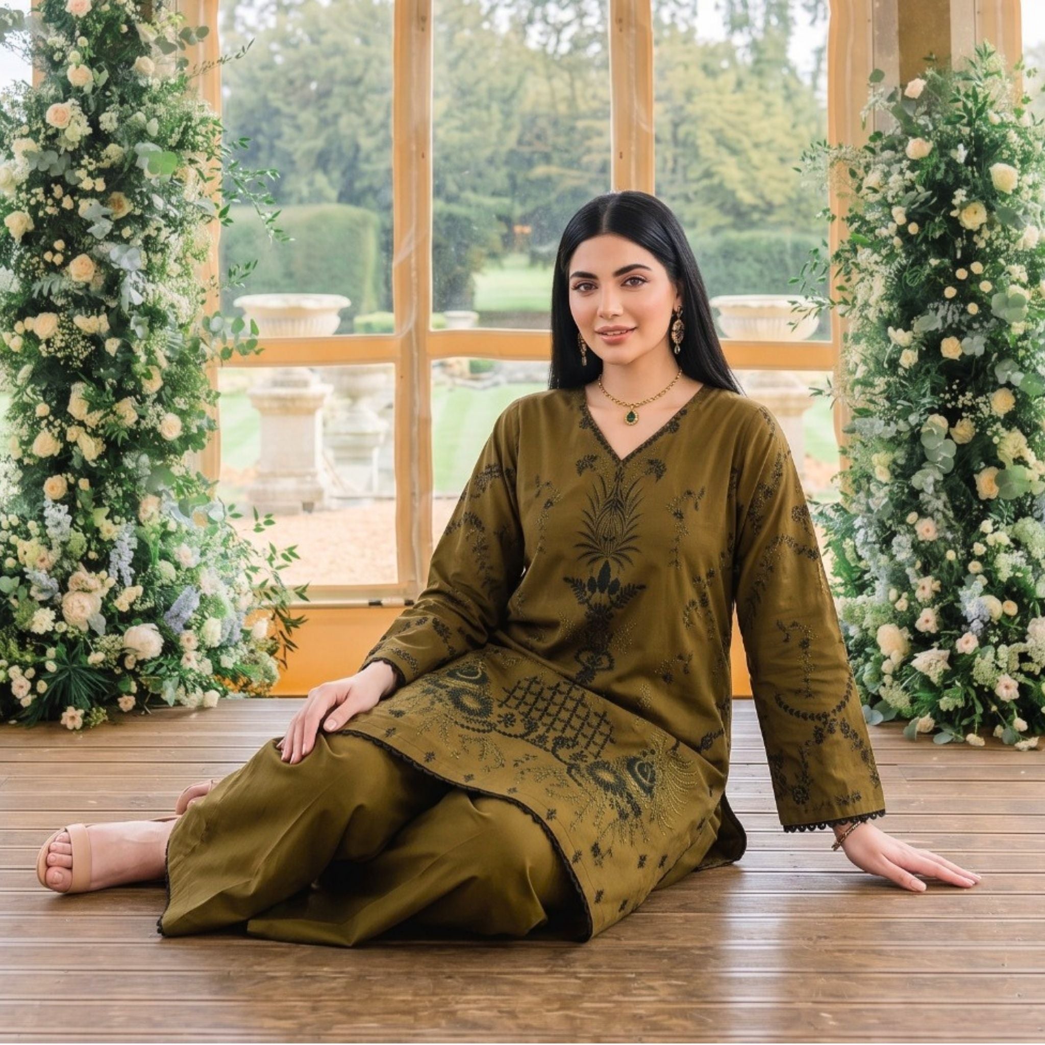 Olive Green 2 PC Soft Cotton Embroidered Shirt with Trouser | Ready to Wear
