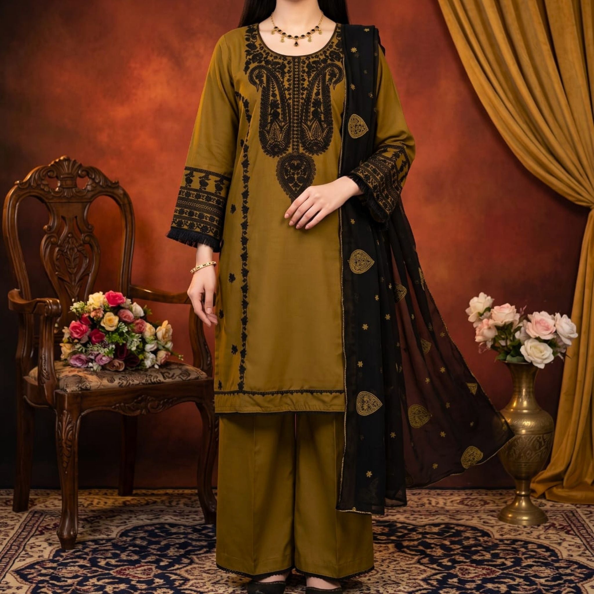 Olive Green 3 PC Soft Cotton Embroidered Suit with Embroidered Chiffon Dupatta | Ready to Wear