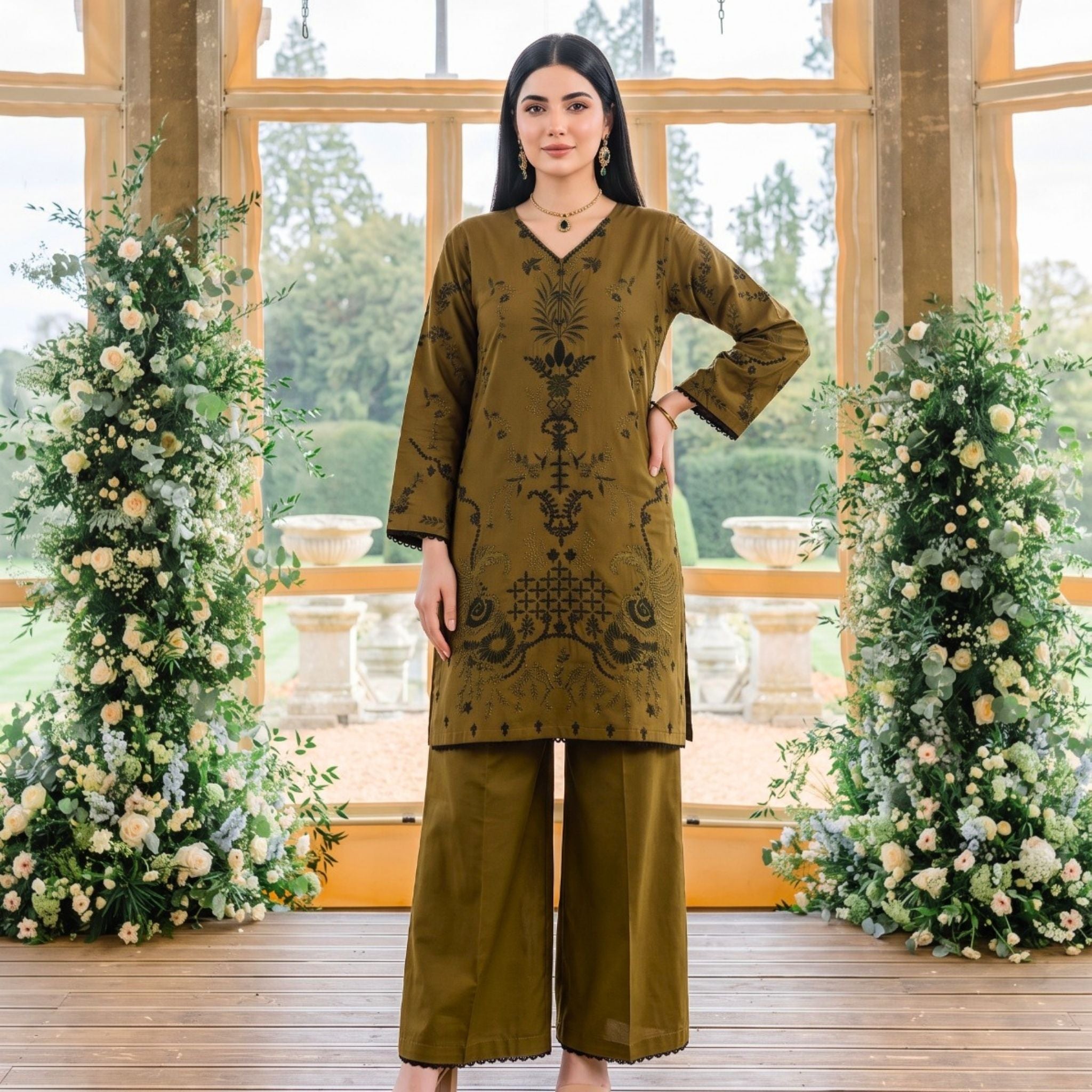 Olive Green 2 PC Soft Cotton Embroidered Shirt with Trouser | Ready to Wear